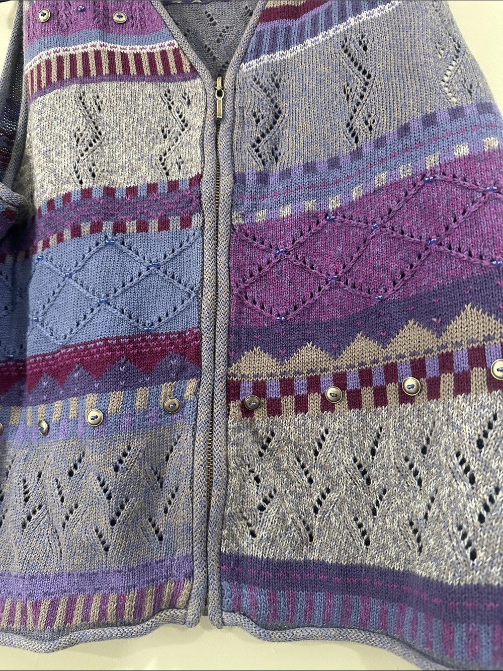 Napa Valley Women's Purple Patterned Zip Vest Sweater Ramie/cotton blend - Picture 6 of 9